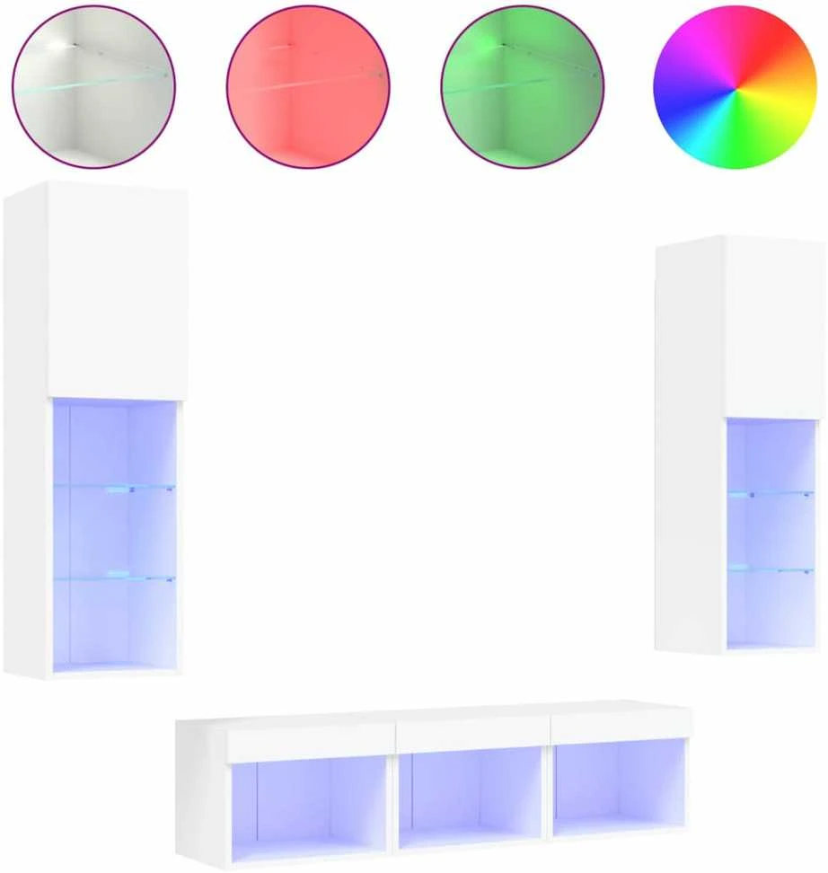 TV staliukas Sieninė TV sekcija su LED, 5 dalių, balta, apdirbta mediena