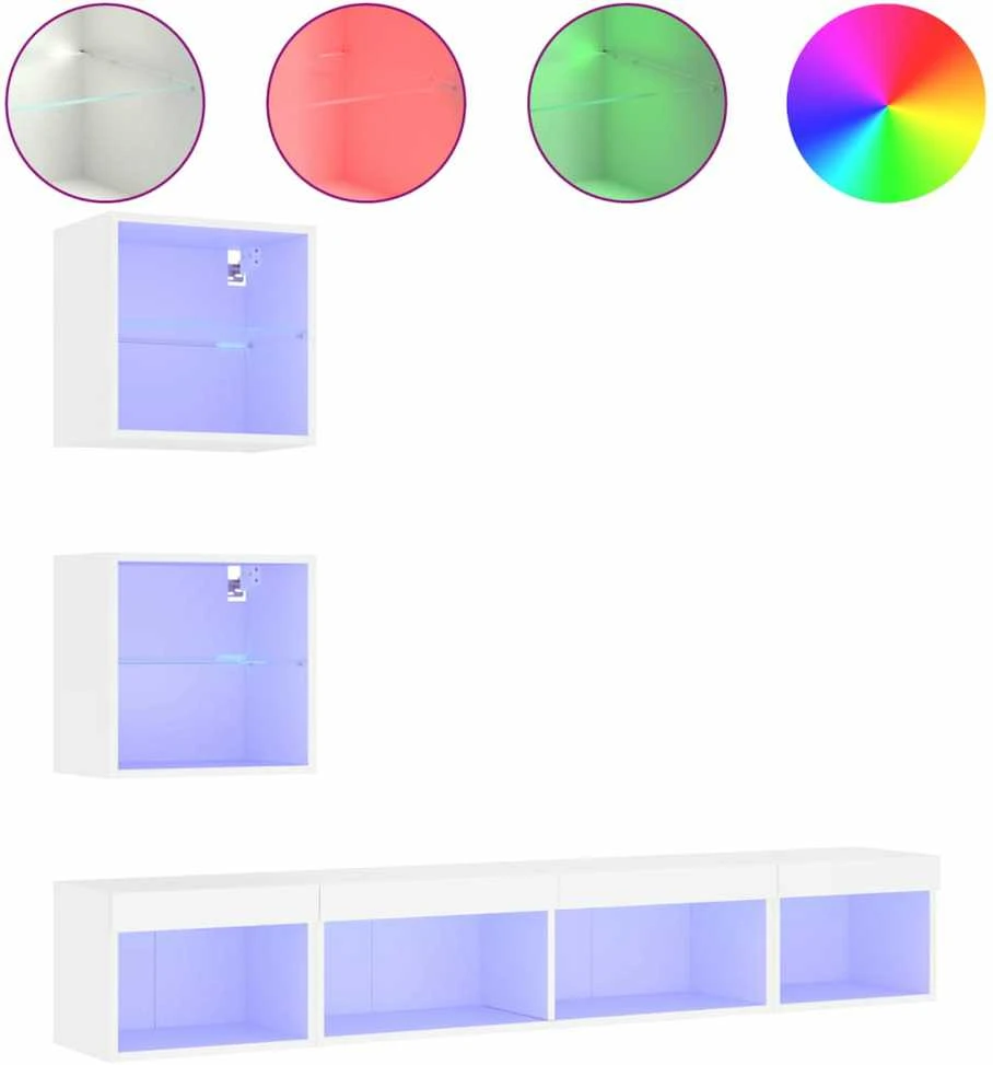 TV staliukas Sieninė TV sekcija su LED, 5 dalių, balta, apdirbta mediena