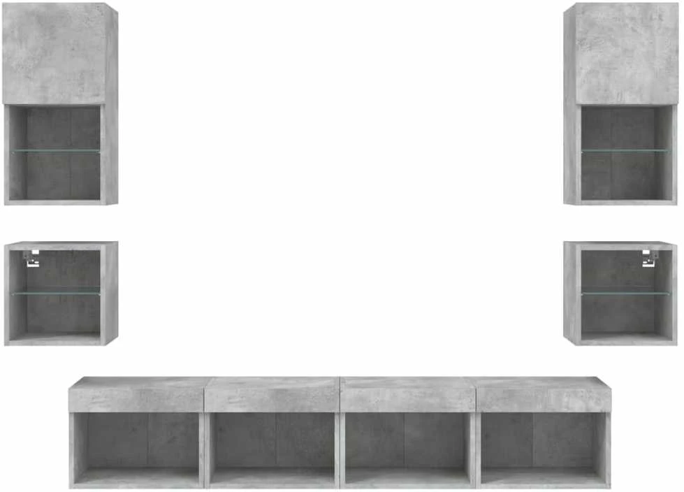 TV staliukas Sieninė TV sekcija su LED, 8 dalių, betono, apdirbta mediena