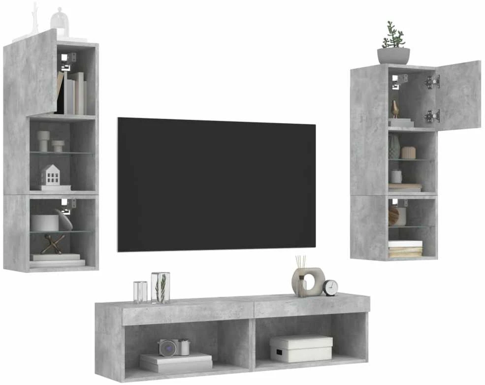 TV staliukas Sieninė TV sekcija su LED, 6 dalių, betono, apdirbta mediena