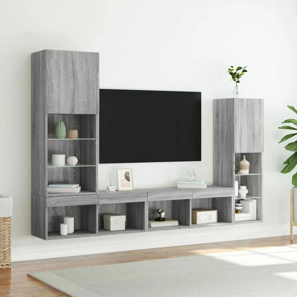 TV staliukas Sieninė TV sekcija su LED, 4 dalių, pilka ąžuolo, mediena