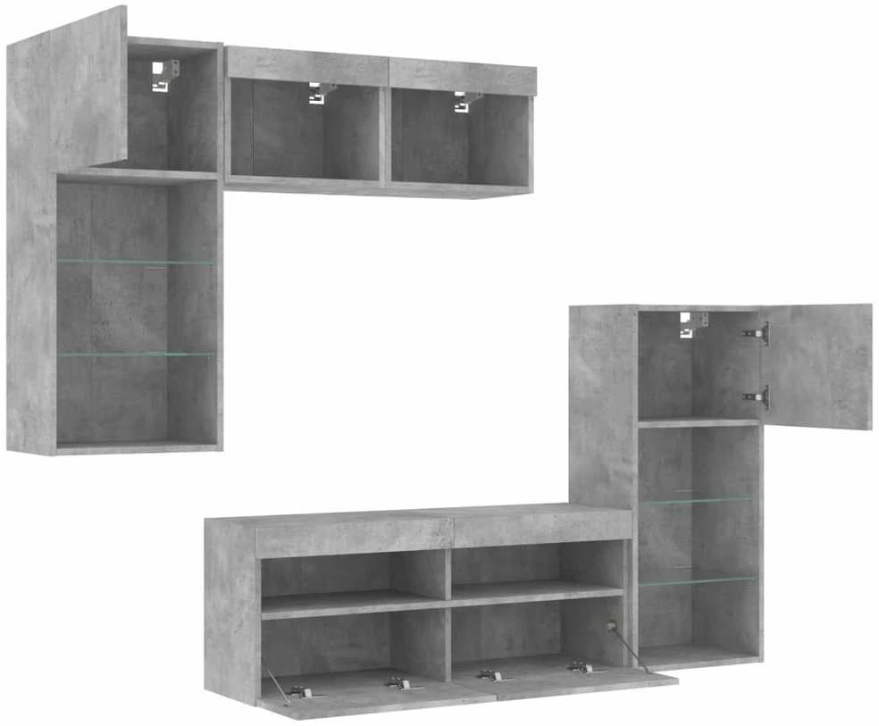 TV staliukas Sieninė TV sekcija su LED, 5 dalių, betono, apdirbta mediena