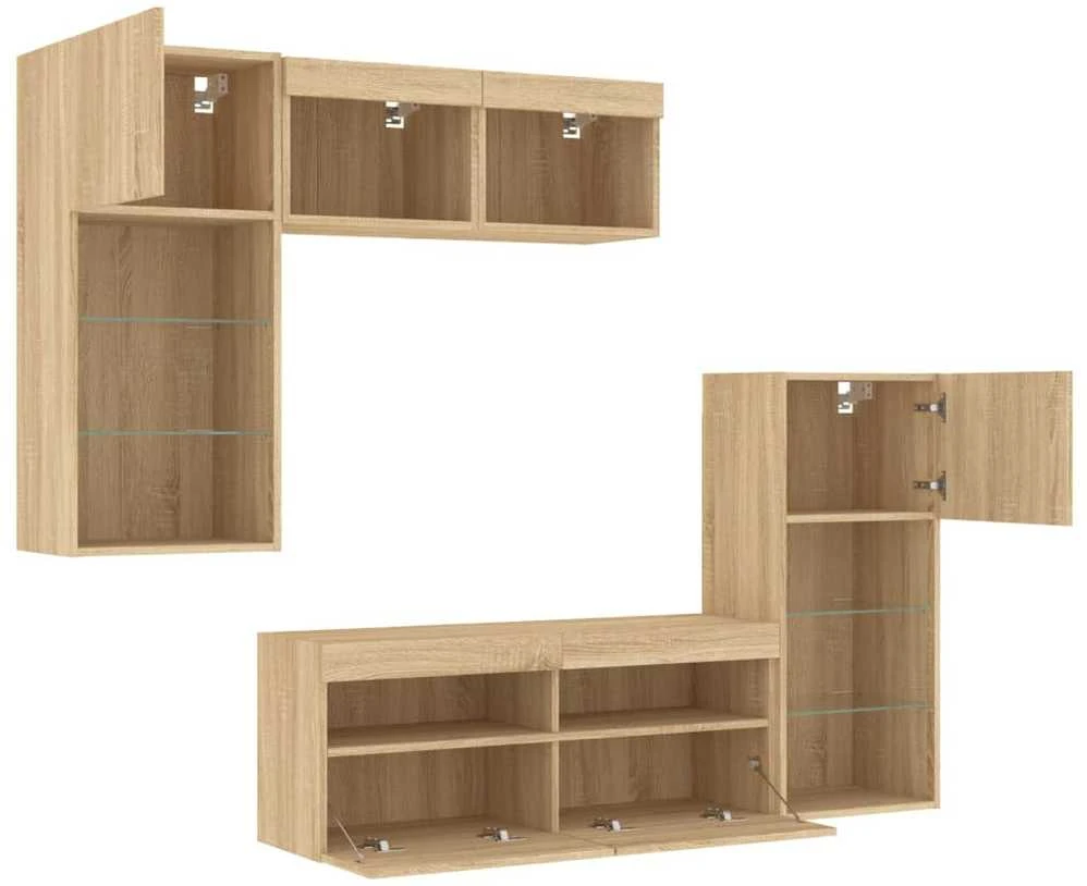 TV staliukas Sieninė TV sekcija su LED, 5 dalių, ąžuolo, apdirbta mediena