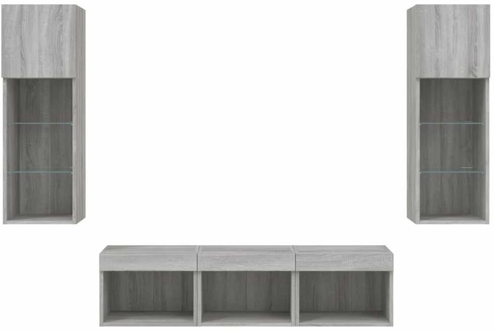 TV staliukas Sieninė TV sekcija su LED, 5 dalių, pilka ąžuolo, mediena
