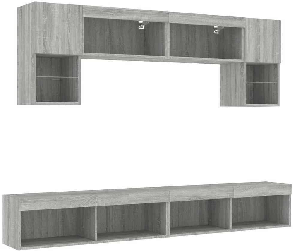 TV staliukas Sieninė TV sekcija su LED, 6 dalių, pilka ąžuolo, mediena