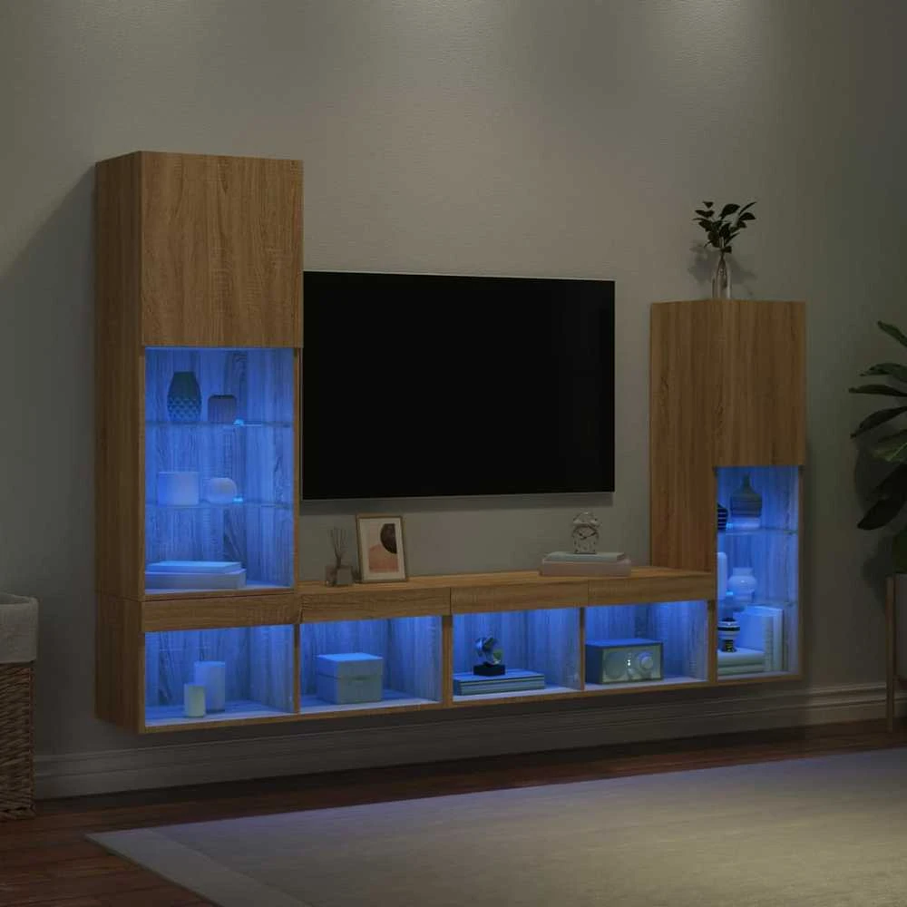 TV staliukas Sieninė TV sekcija su LED, 4 dalių, ąžuolo, apdirbta mediena