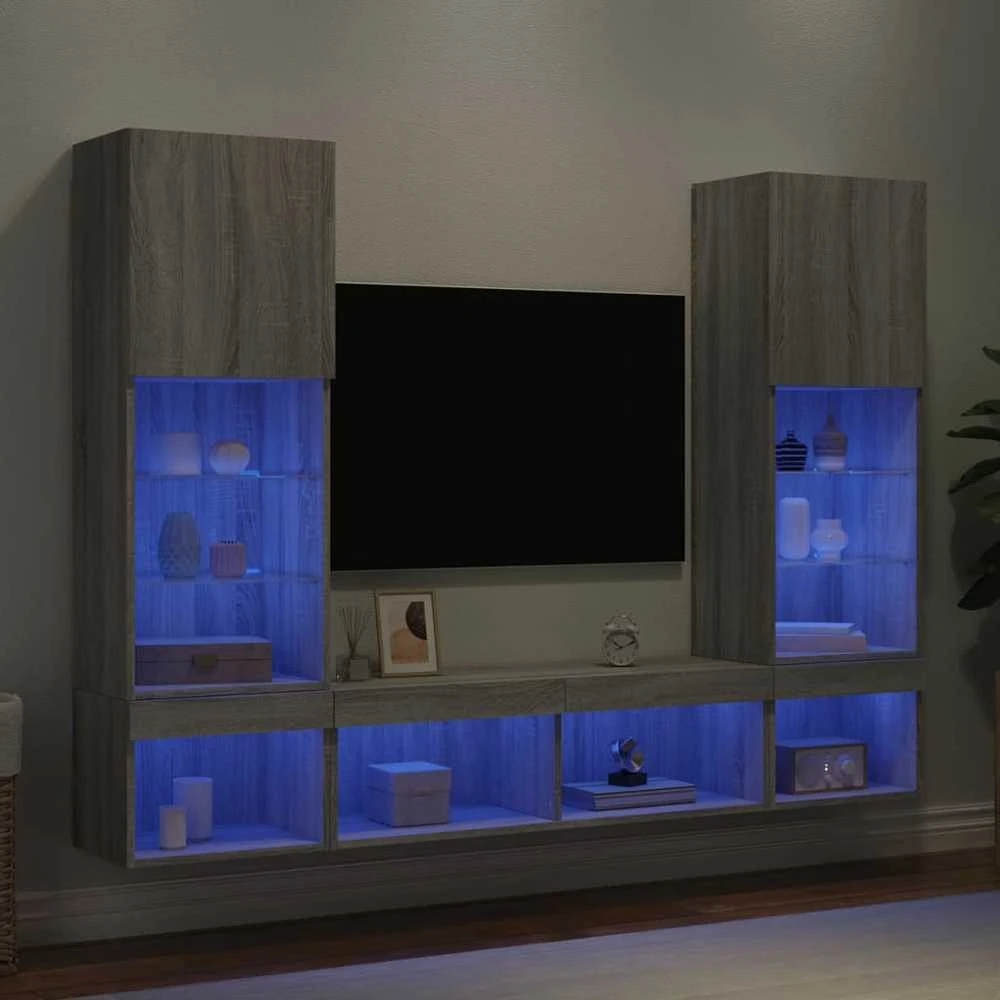 TV staliukas Sieninė TV sekcija su LED, 5 dalių, pilka ąžuolo, mediena