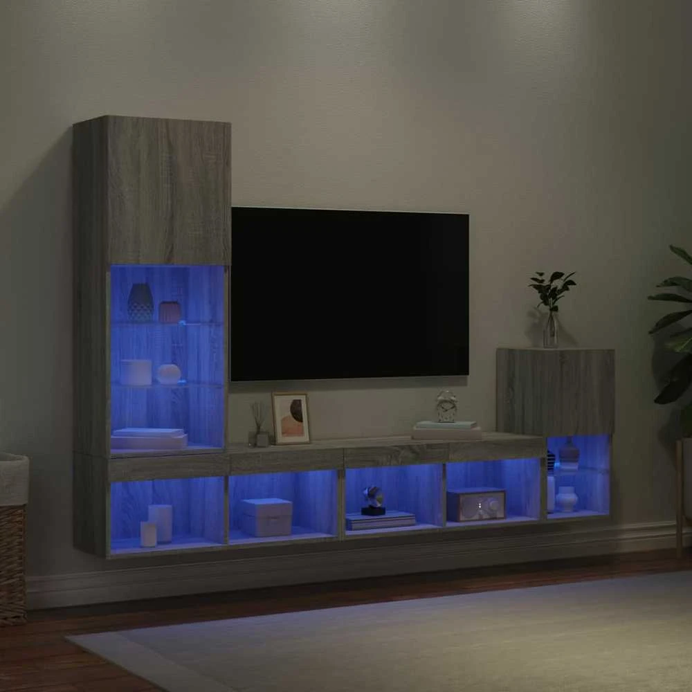 TV staliukas Sieninė TV sekcija su LED, 4 dalių, pilka ąžuolo, mediena