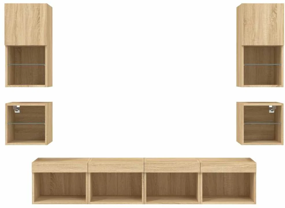 TV staliukas Sieninė TV sekcija su LED, 8 dalių, ąžuolo, apdirbta mediena