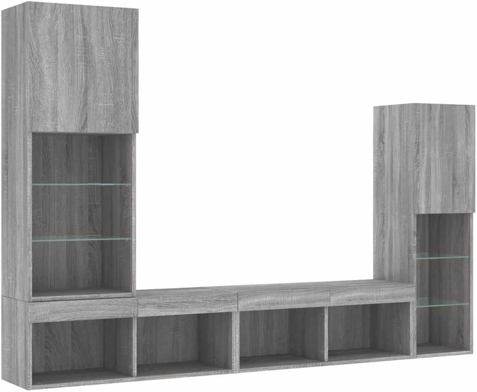 TV staliukas Sieninė TV sekcija su LED, 4 dalių, pilka ąžuolo, mediena