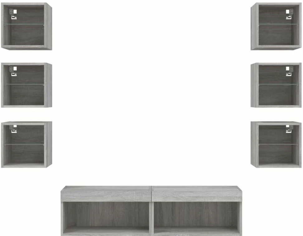 TV staliukas Sieninė TV sekcija su LED, 8 dalių, pilka ąžuolo, mediena