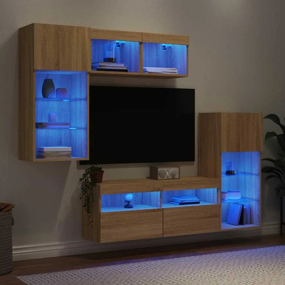 TV staliukas Sieninė TV sekcija su LED, 5 dalių, ąžuolo, apdirbta mediena