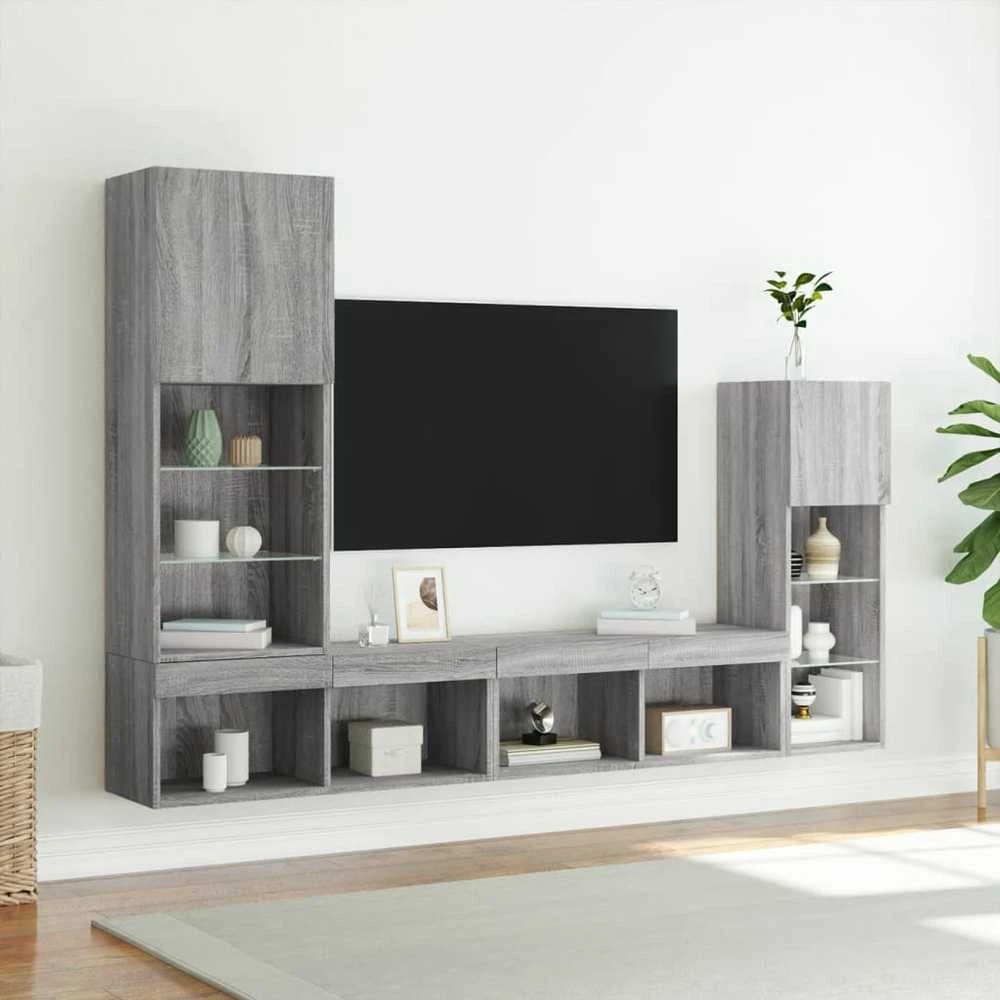 TV staliukas Sieninė TV sekcija su LED, 4 dalių, pilka ąžuolo, mediena