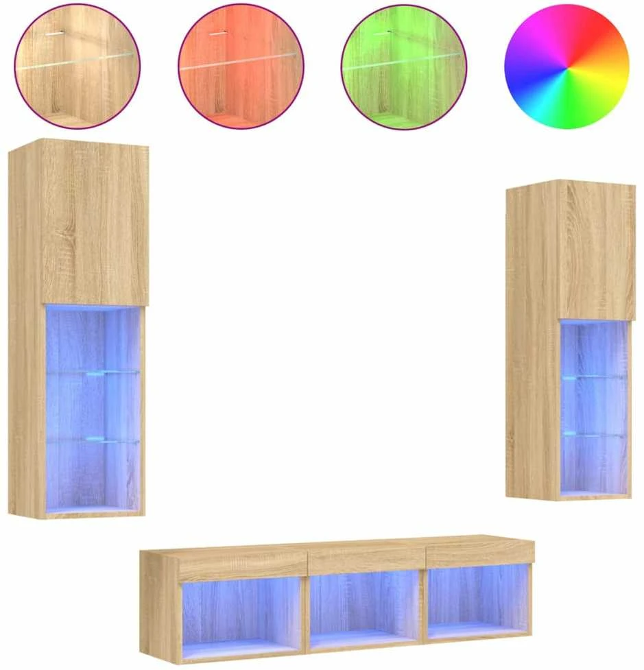 TV staliukas Sieninė TV sekcija su LED, 5 dalių, ąžuolo, apdirbta mediena