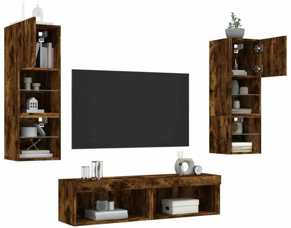 TV staliukas Sieninė TV sekcija su LED, 6 dalių, dūminio ąžuolo, mediena