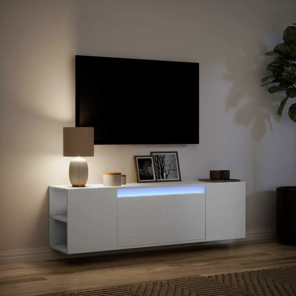 TV staliukas Sieninė TV spintelė su LED lemputėmis, balta, 135x31x39,5cm