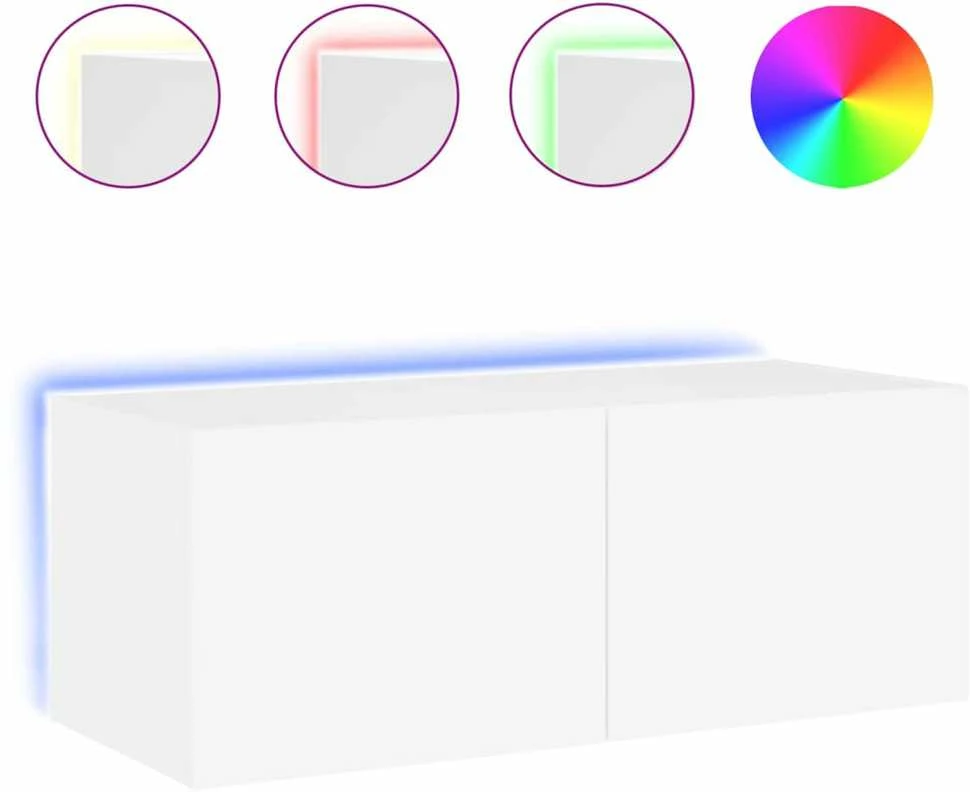 TV staliukas Sieninė TV spintelė su LED lemputėmis, balta, 80x35x31cm