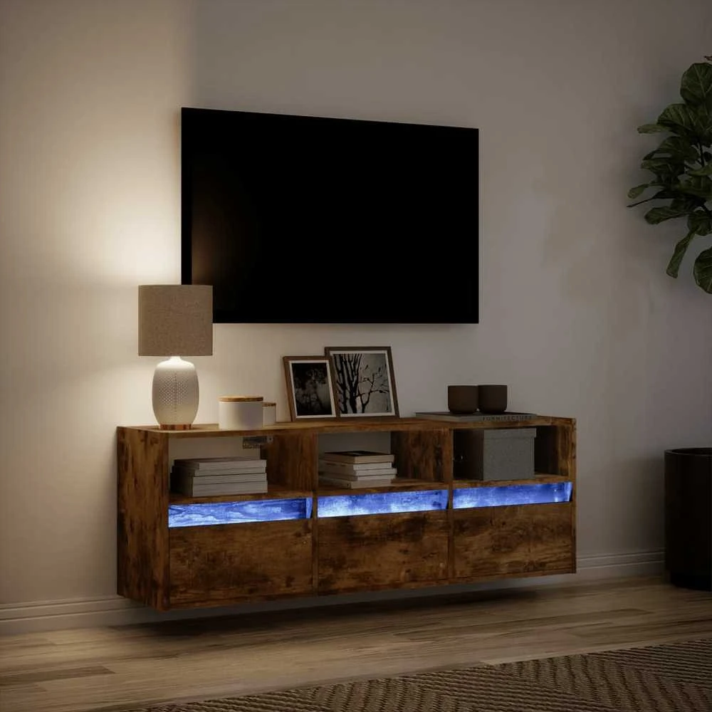 TV staliukas Sieninė TV spintelė su LED lemputėmis, dūminė, 130x31x45 cm