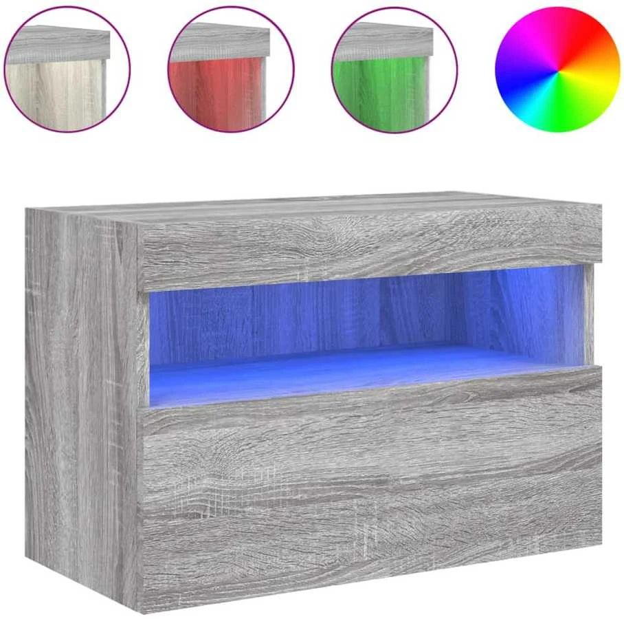 TV staliukas Sieninė TV spintelė su LED lemputėmis, pilka ąžuolo, 60x30x40cm