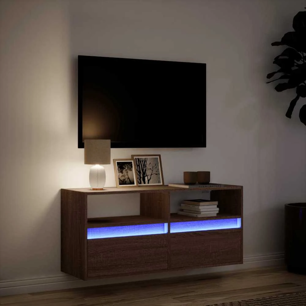 TV staliukas Sieninė TV spintelė su LED lemputėmis, ruda ąžuolo, 100x31x45cm