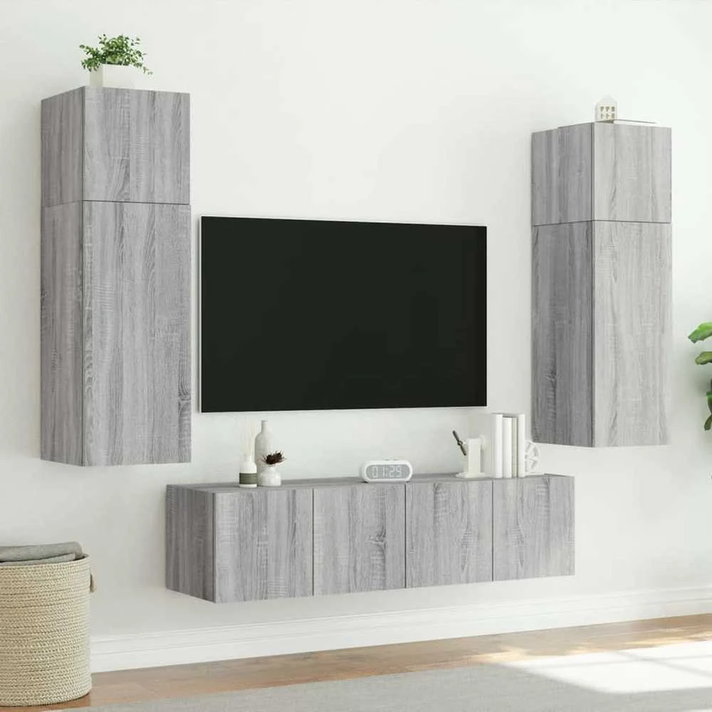 TV staliukas Sieninė TV spintelė su LED lemputėmis, pilka ąžuolo, 80x35x41cm