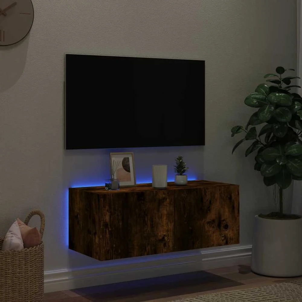 TV staliukas Sieninė TV spintelė su LED lemputėmis, dūminė, 80x35x31cm
