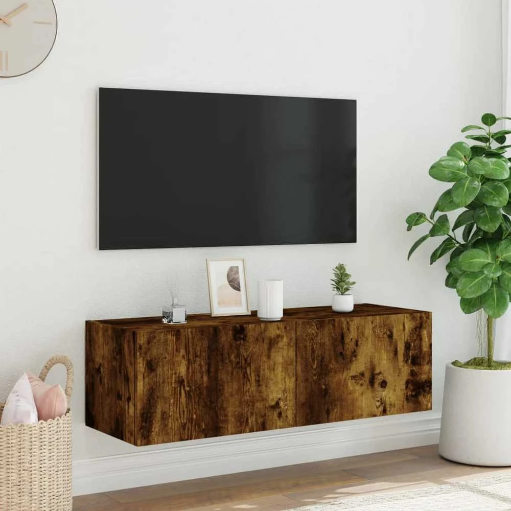 TV staliukas Sieninė TV spintelė su LED lemputėmis, dūminė, 100x35x31cm