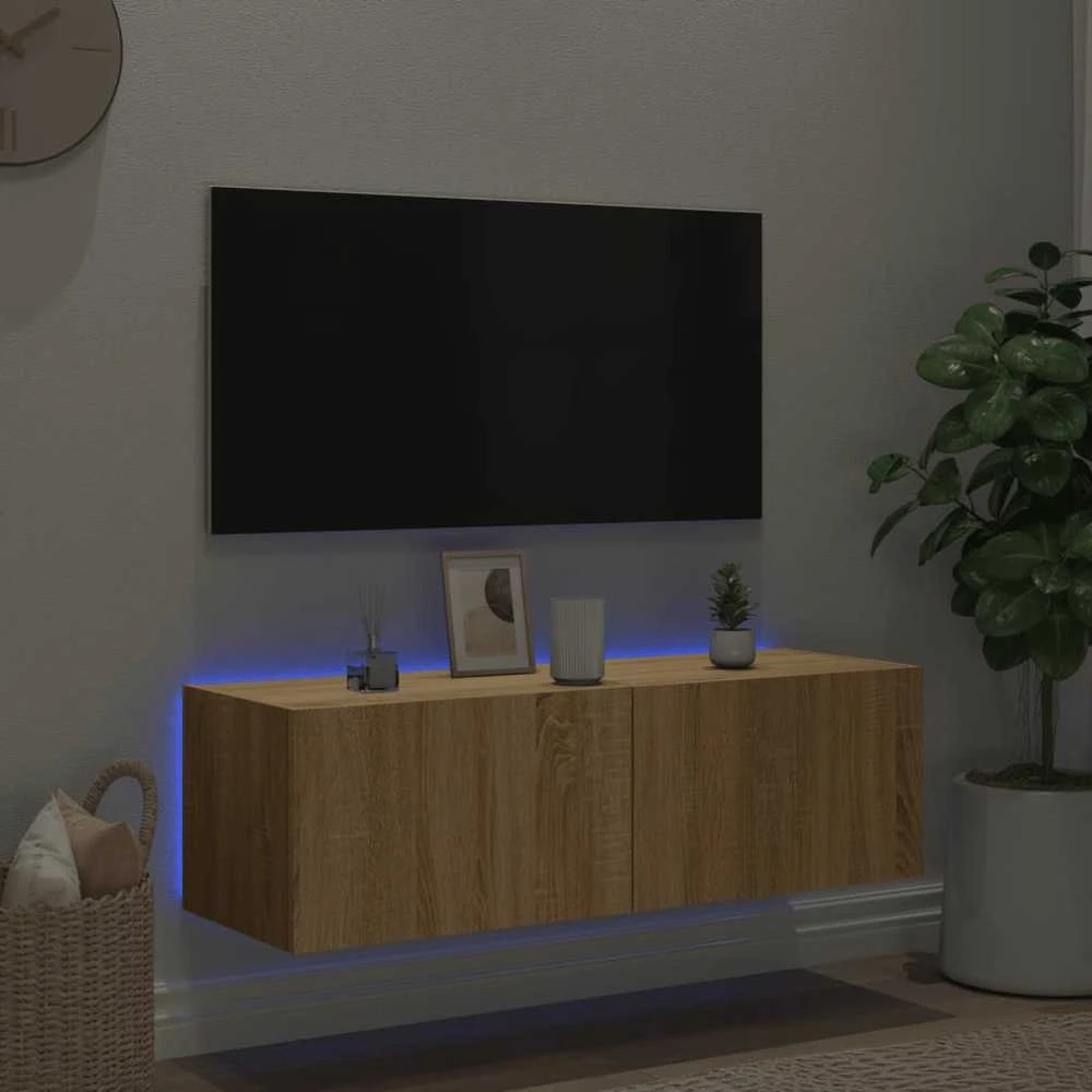 TV staliukas Sieninė TV spintelė su LED lemputėmis, ąžuolo, 100x35x31cm