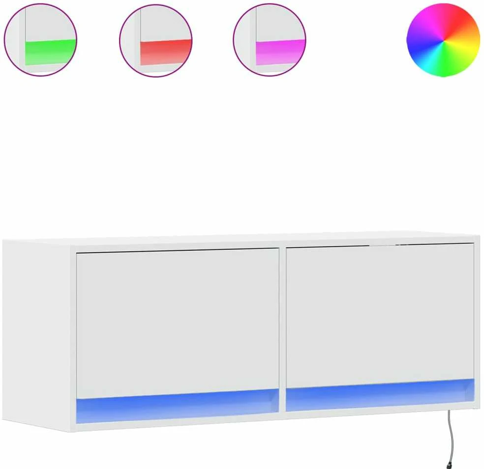 TV staliukas Sieninė TV spintelė su LED lemputėmis, balta, 100x31x35cm