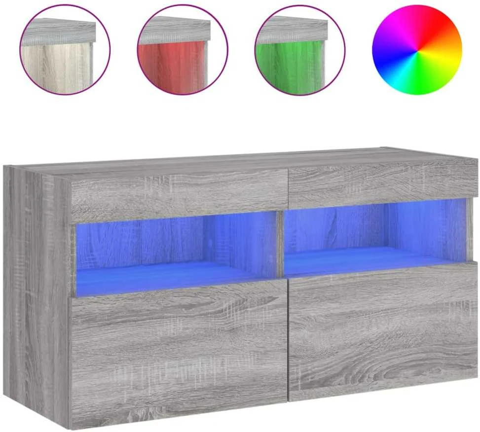 TV staliukas Sieninė TV spintelė su LED lemputėmis, pilka ąžuolo, 80x30x40cm