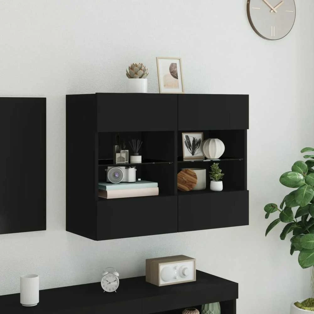TV staliukas Sieninė TV spintelė su LED lemputėmis, juoda, 78,5x30x60,5cm