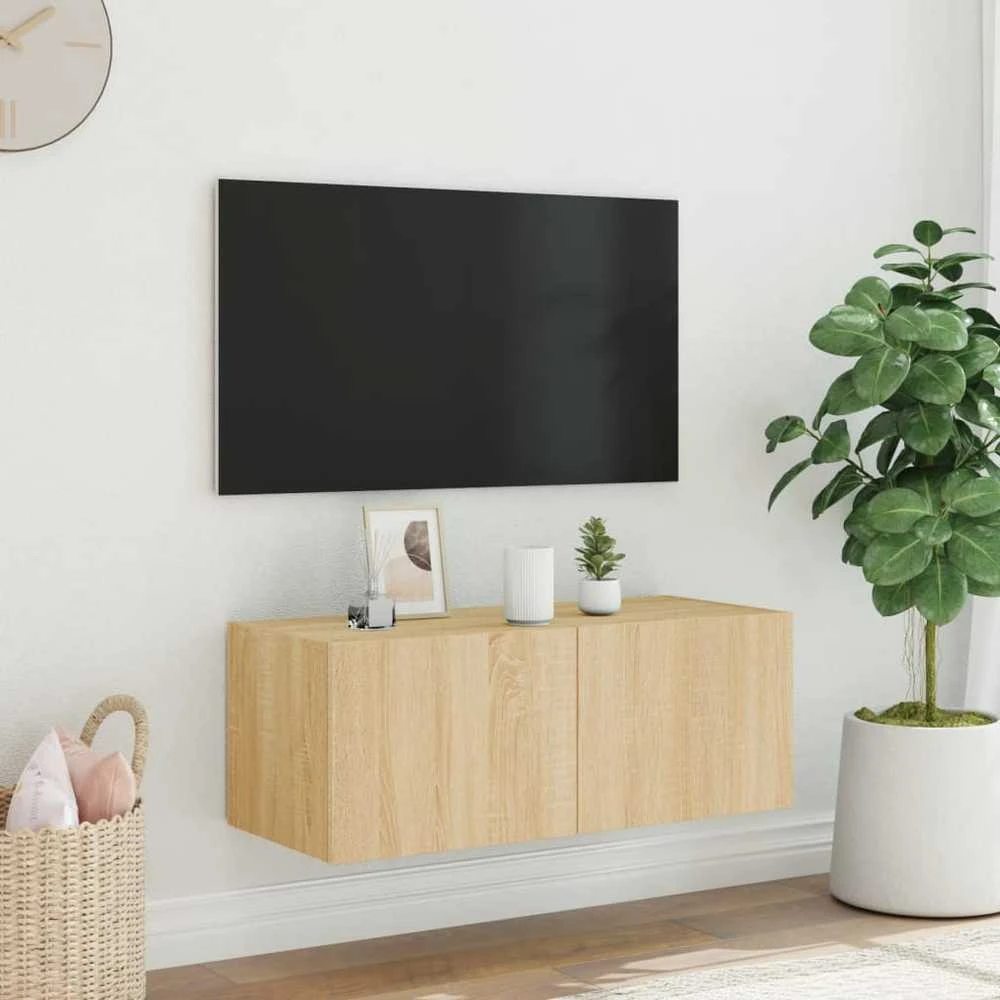 TV staliukas Sieninė TV spintelė su LED lemputėmis, ąžuolo, 80x35x31cm