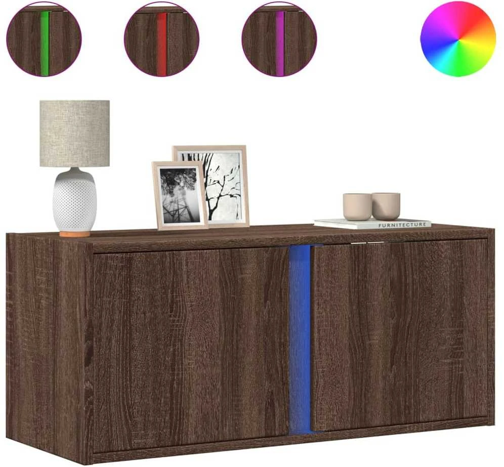 TV staliukas Sieninė TV spintelė su LED lemputėmis, ruda ąžuolo, 80x31x35cm