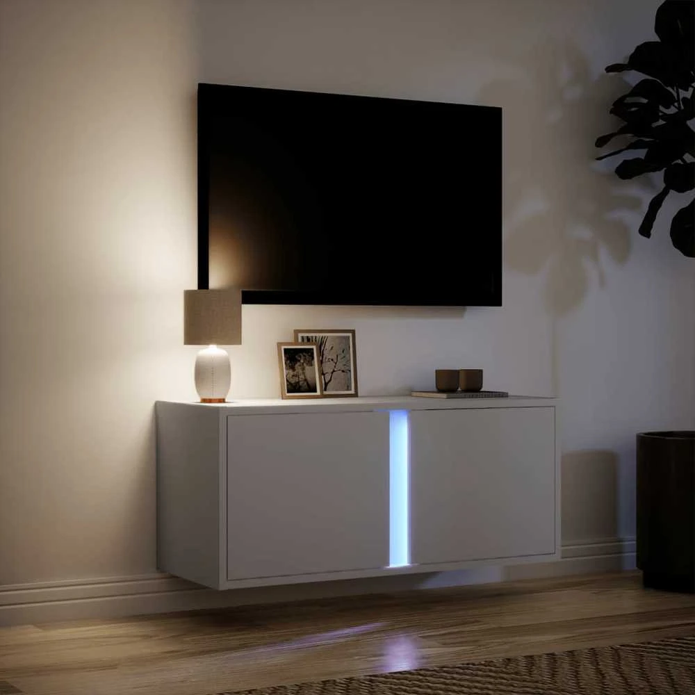 TV staliukas Sieninė TV spintelė su LED lemputėmis, balta, 80x31x35cm