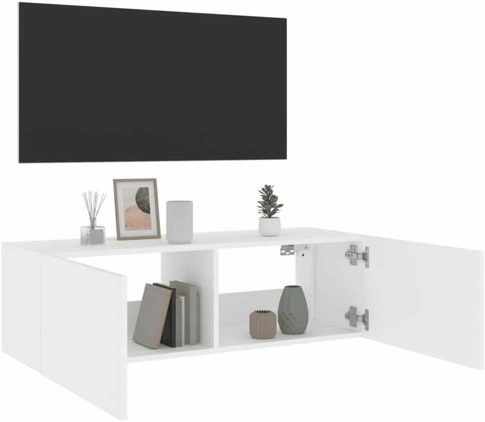 TV staliukas Sieninė TV spintelė su LED lemputėmis, balta, 100x35x31cm