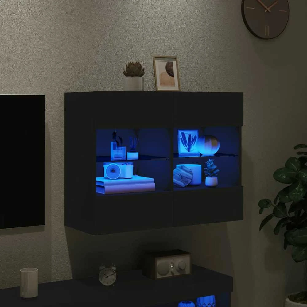 TV staliukas Sieninė TV spintelė su LED lemputėmis, juoda, 78,5x30x60,5cm