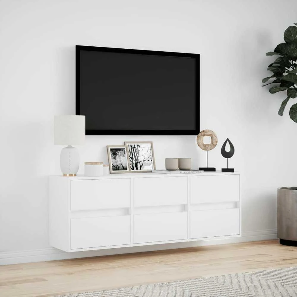 TV staliukas Sieninė TV spintelė su LED lemputėmis, balta, 130x31x45 cm