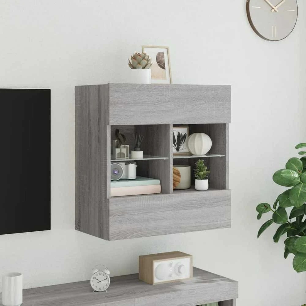TV staliukas Sieninė TV spintelė su LED lemputėmis, pilka, 58,5x30x60,5cm