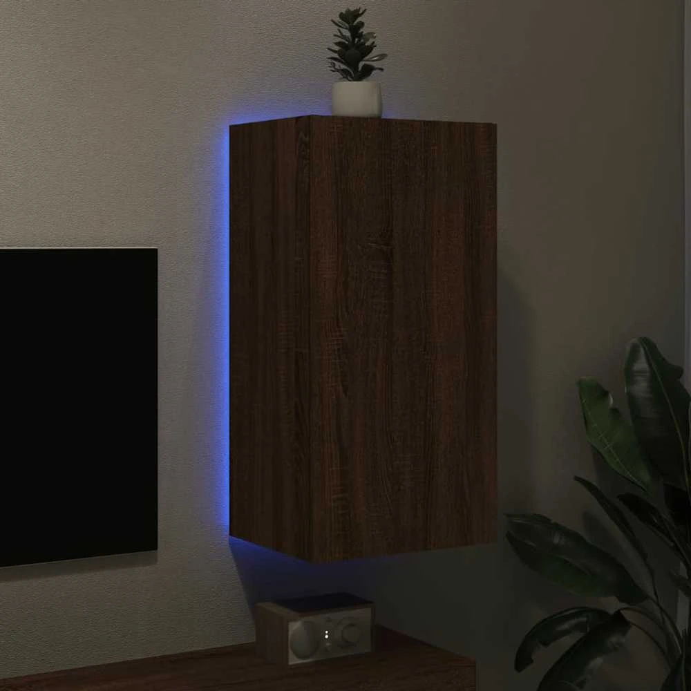 TV staliukas Sieninė TV spintelė su LED lemputėmis, ruda, 40,5x35x80cm