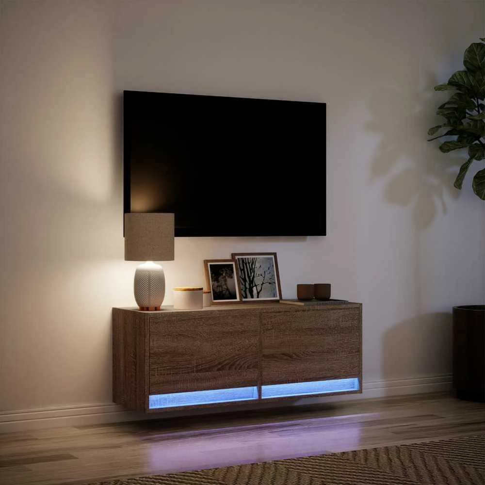TV staliukas Sieninė TV spintelė su LED lemputėmis, ruda ąžuolo, 100x31x35cm