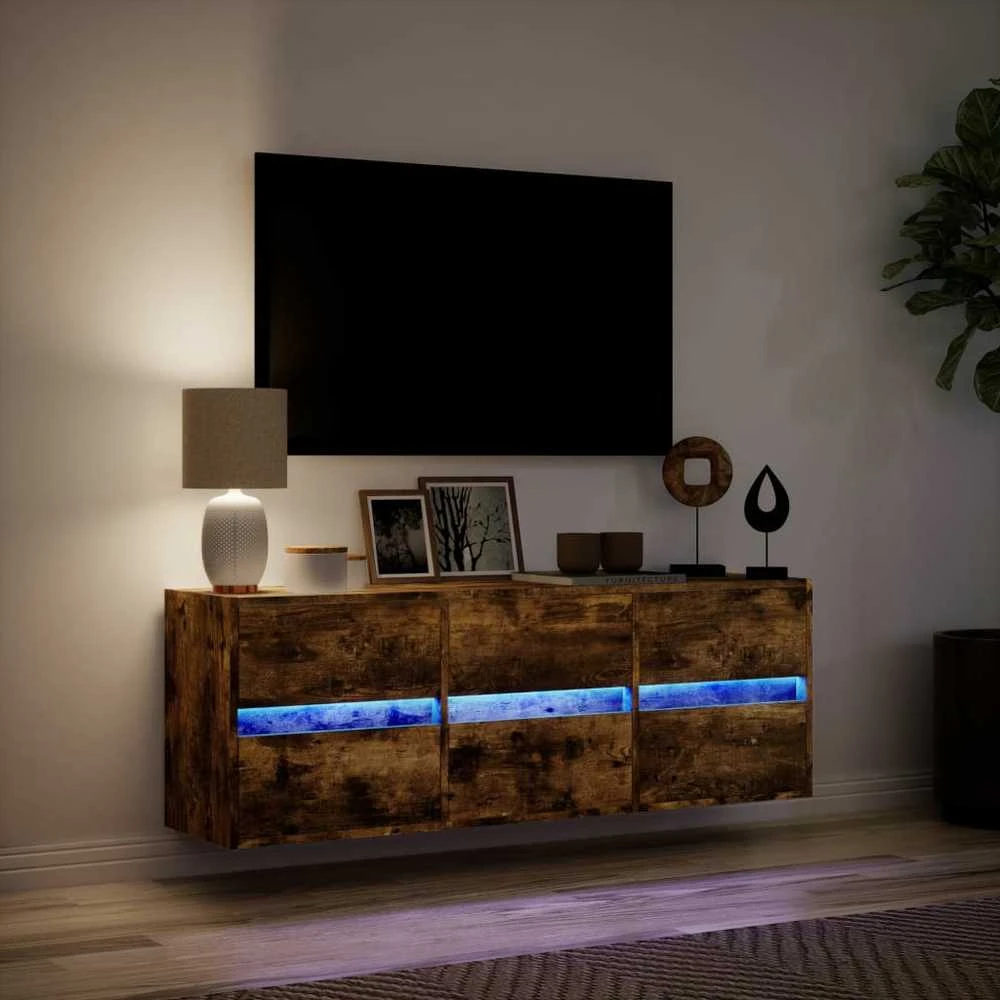 TV staliukas Sieninė TV spintelė su LED lemputėmis, dūminė, 130x31x45 cm