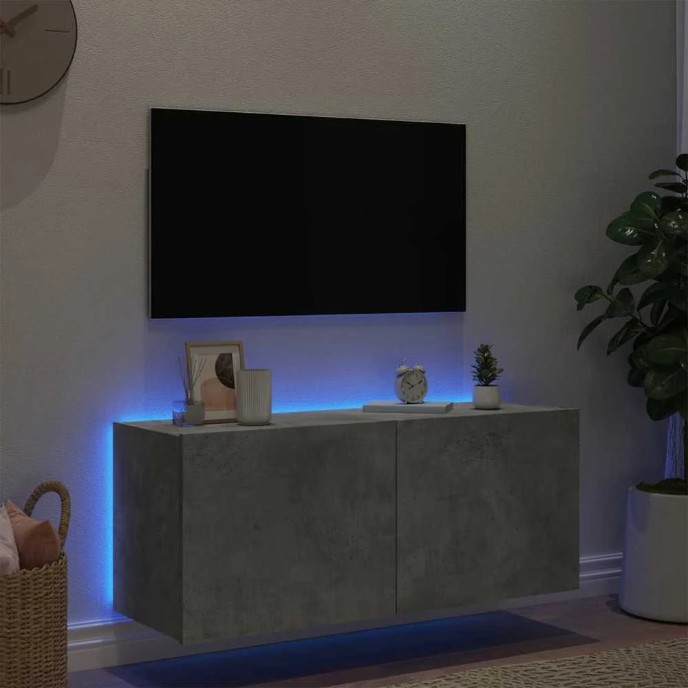 TV staliukas Sieninė TV spintelė su LED lemputėmis, betono, 100x35x41cm