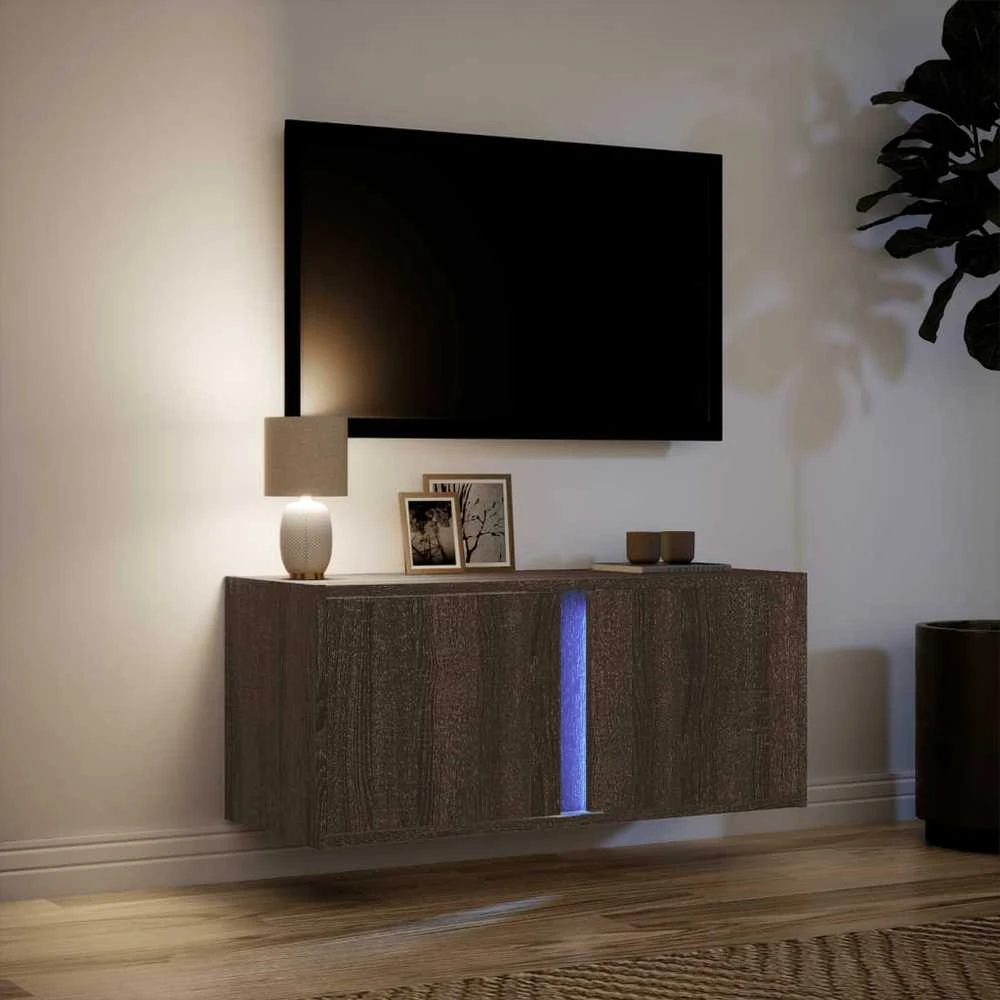 TV staliukas Sieninė TV spintelė su LED lemputėmis, ruda ąžuolo, 80x31x35cm