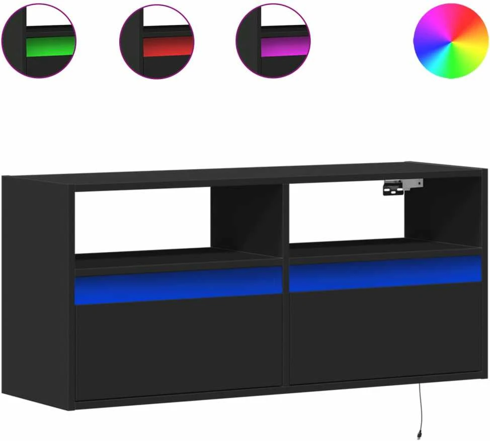 TV staliukas Sieninė TV spintelė su LED lemputėmis, juoda, 100x31x45cm