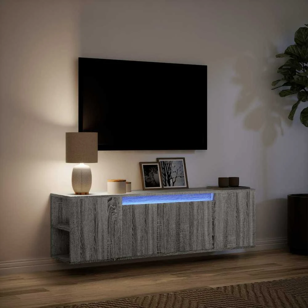 TV staliukas Sieninė TV spintelė su LED lemputėmis, pilka, 135x31x39,5cm