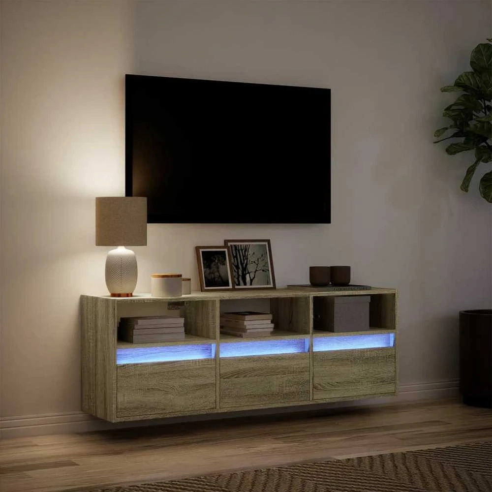 TV staliukas Sieninė TV spintelė su LED lemputėmis, ąžuolo, 130x31x45 cm