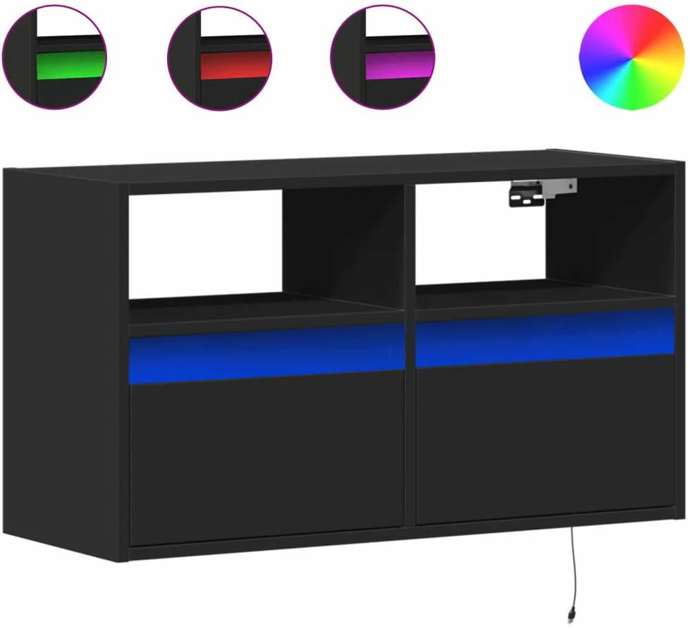 TV staliukas Sieninė TV spintelė su LED lemputėmis, juoda, 80x31x45cm