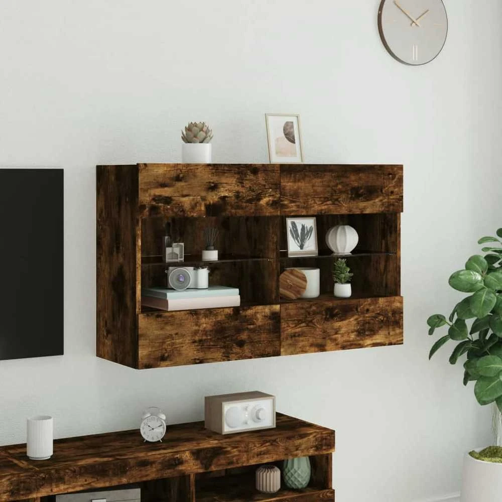TV staliukas Sieninė TV spintelė su LED lemputėmis, dūminė, 98,5x30x60,5cm
