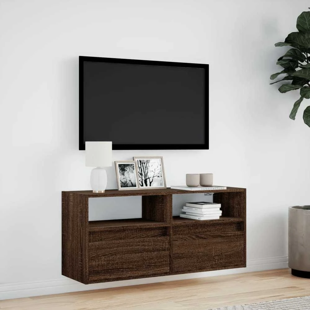 TV staliukas Sieninė TV spintelė su LED lemputėmis, ruda ąžuolo, 100x31x45cm