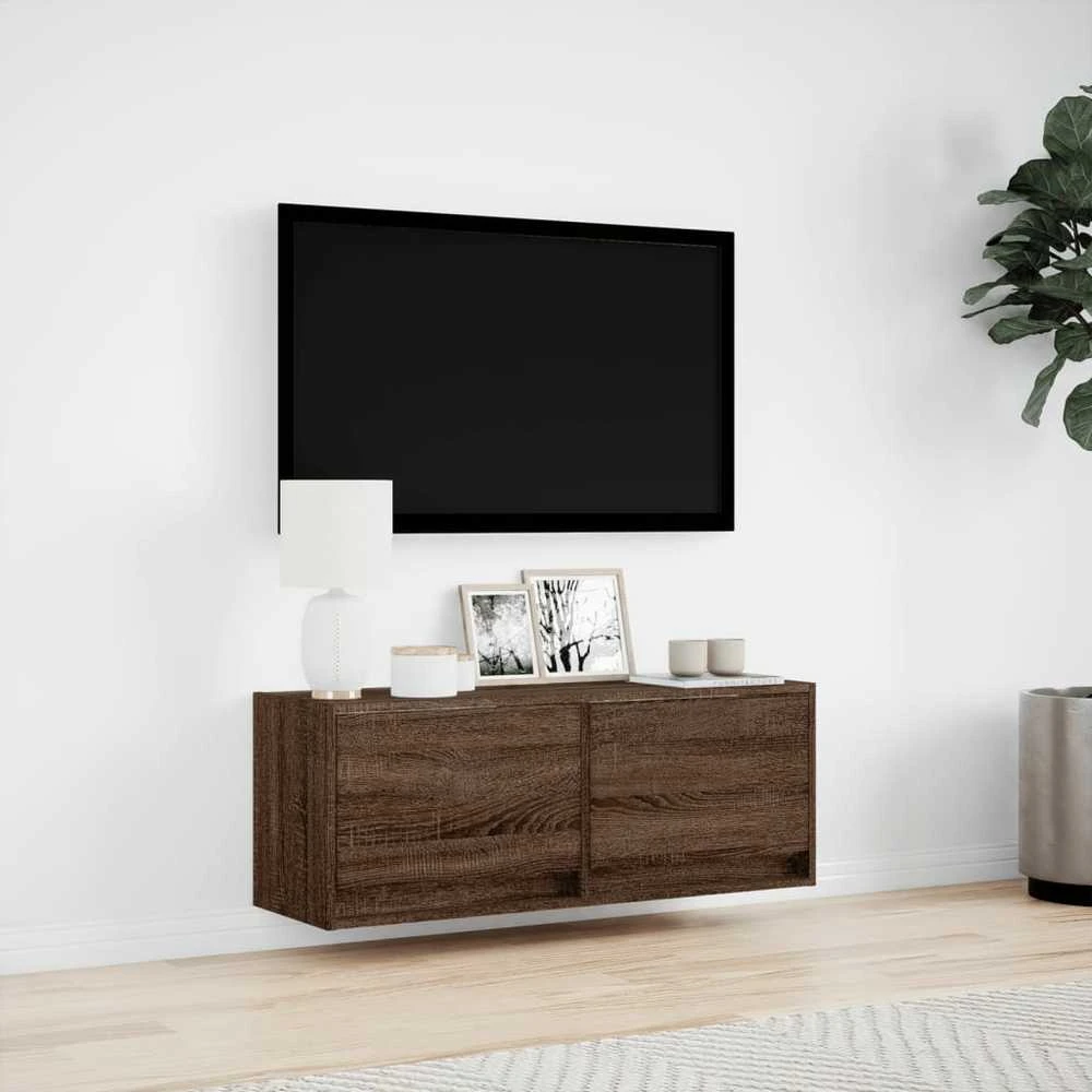 TV staliukas Sieninė TV spintelė su LED lemputėmis, ruda ąžuolo, 100x31x35cm